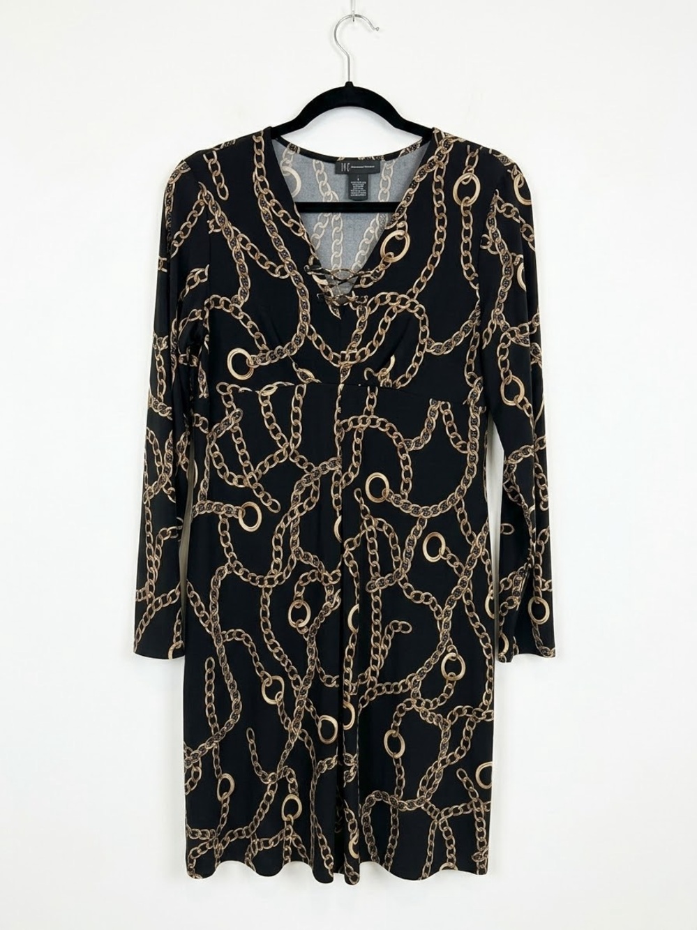 INC International Concepts Black Dress with Gold Chain Print - Long Sleeve